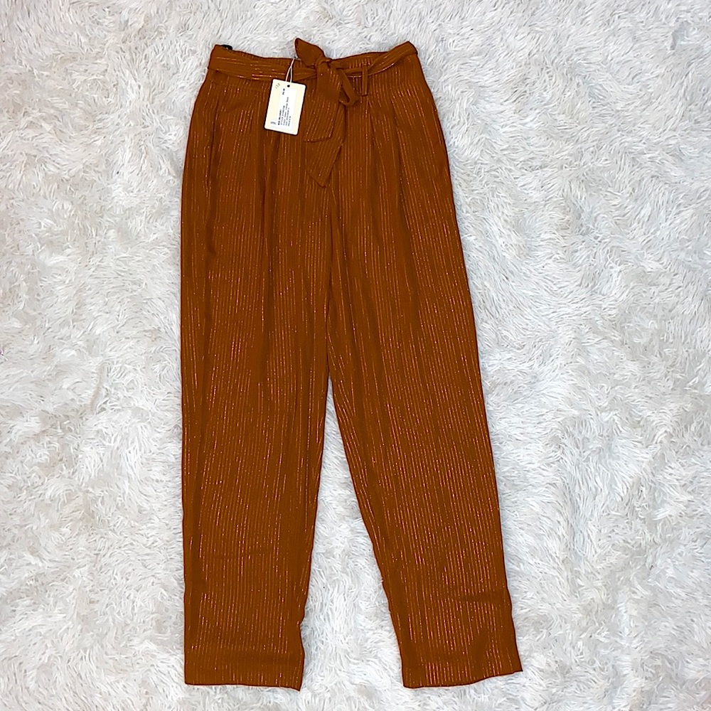 NWT! See You Soon High Waisted Orange Bronze Satin Paperbag Pants 4